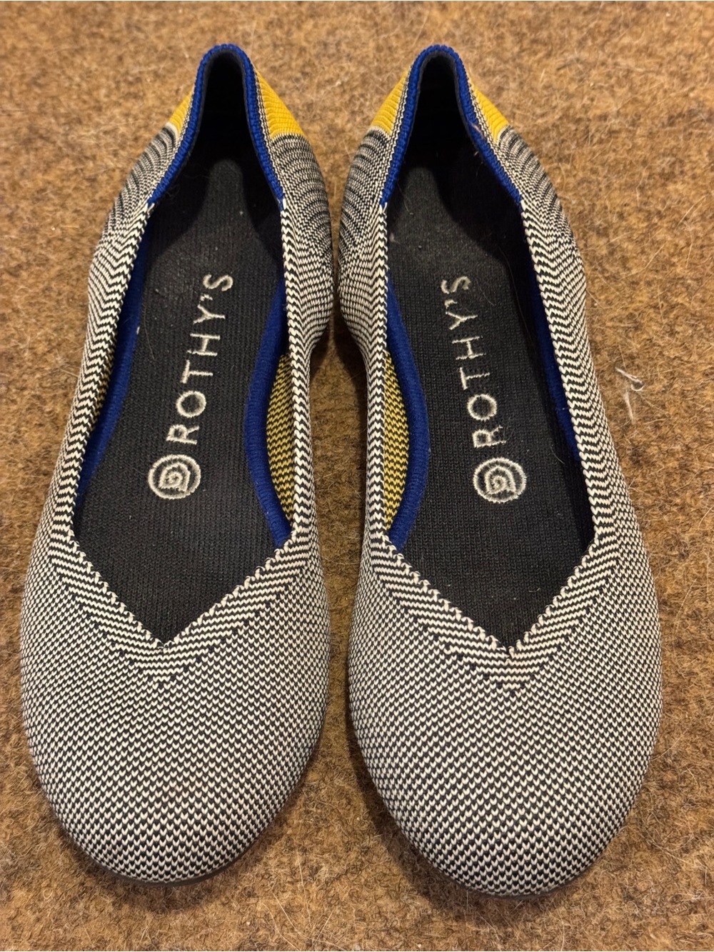 Rothy's The Daily Ballet Flat Knit Shoes Shale Ribbon Yellow Stripe / Blue Trim